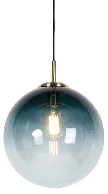 Lampă suspendată Art Deco din alamă cu sticlă albastră ocean 33 cm - Pallon