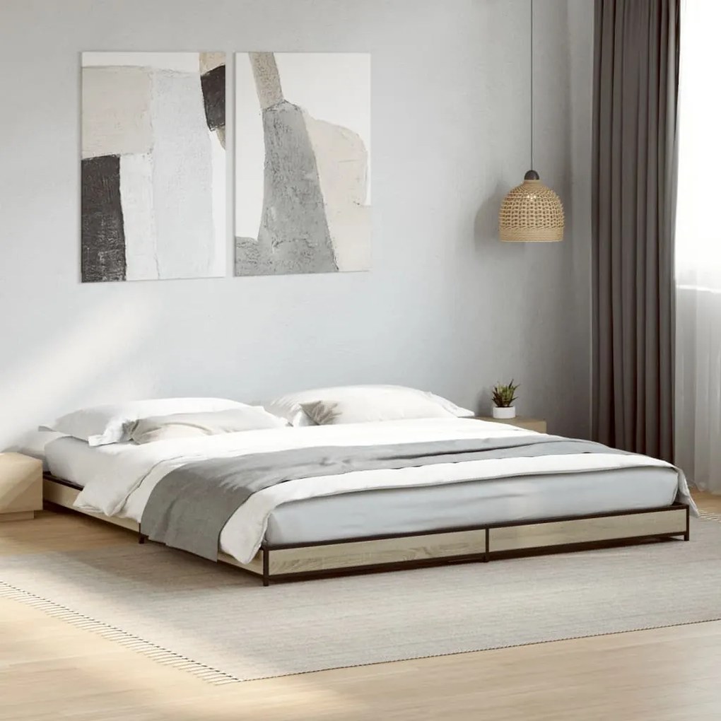 vidaXL Cadru de pat, stejar sonoma, 200x200cm, lemn prelucrat și metal