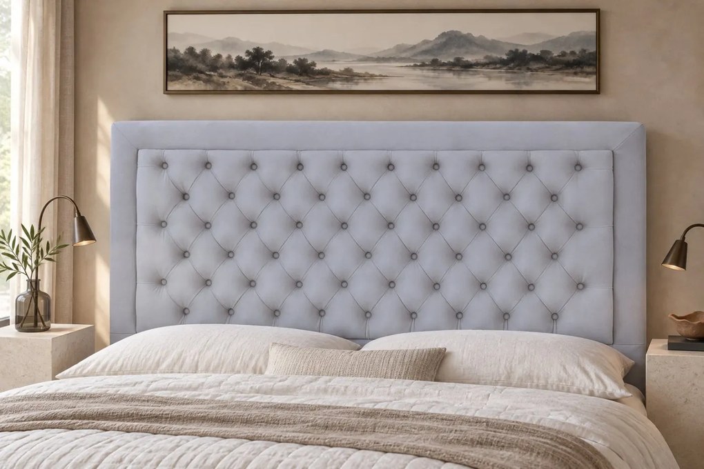 Pat tapițat Chesterfield din catifea Ophelia Deluxe 160×200 cm, gri deschis, cu ladă de depozitare