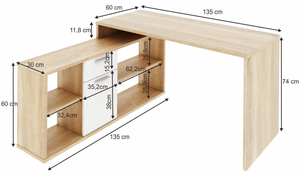 Birou pe colt , 135x135 cm , 5 culori la alegere , Bortis Impex stejar sonoma/alb