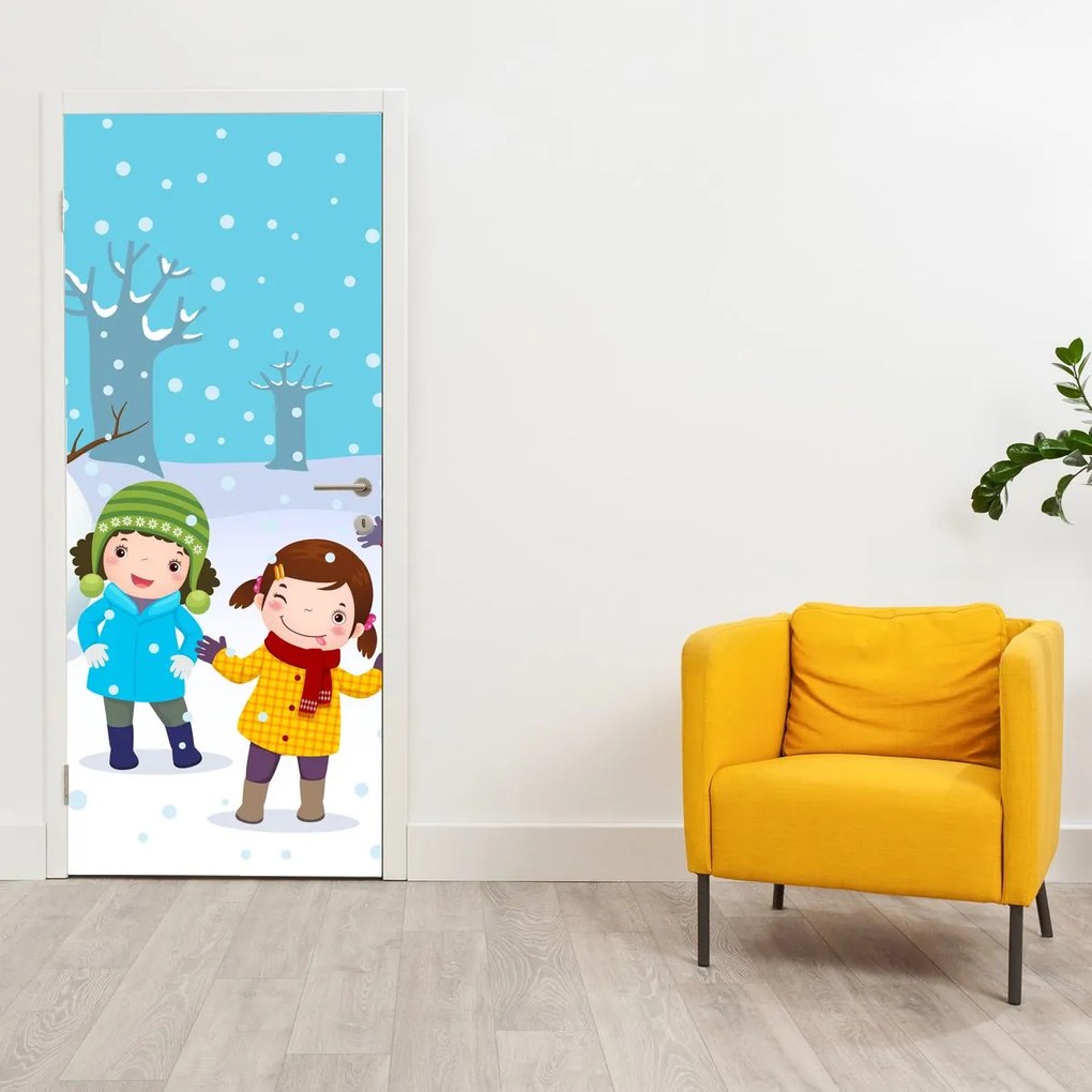 Fototapet pentru ușă - Distracția copiilor iarna (95x205cm)