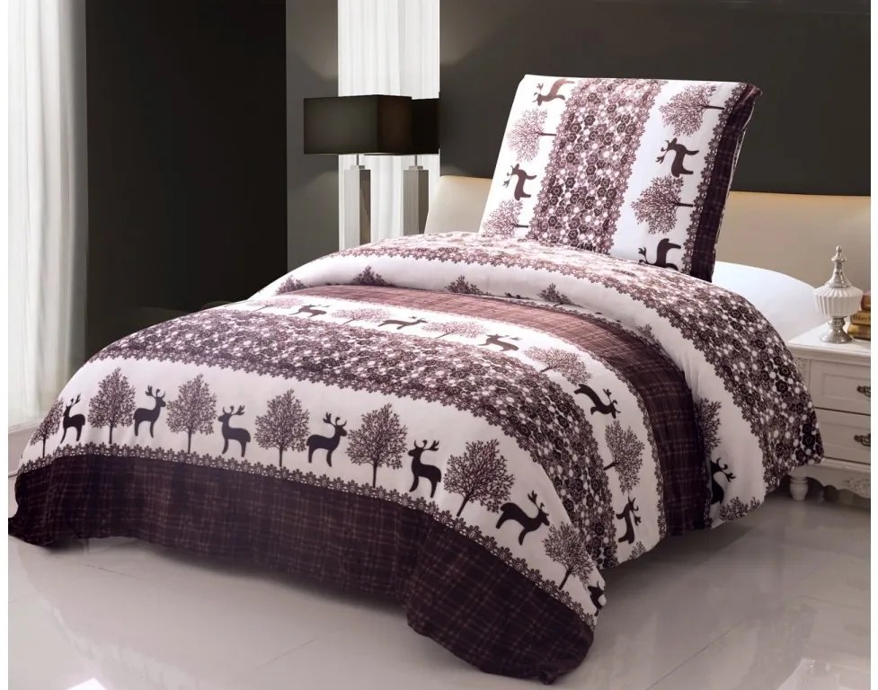 Lenjerie de pat din microplus CHRISTMAS RENEER maro + cearceaf din microplus SOFT 90x200 cm alb