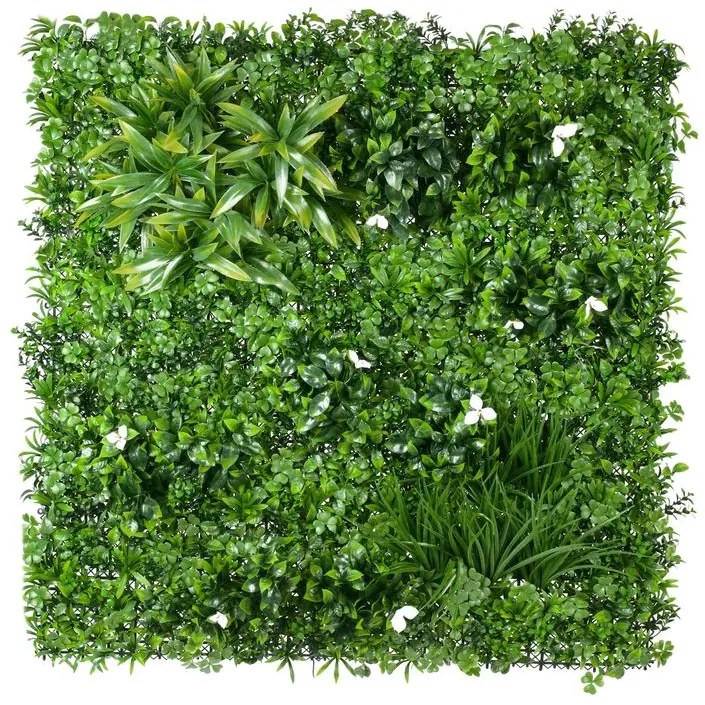 GreenWall Jasmine AD6122 Panou verde artificial, Azay Design, gradina verticala artificiala, gard viu cu mix de plante si flori albe, 100 x 100 cm