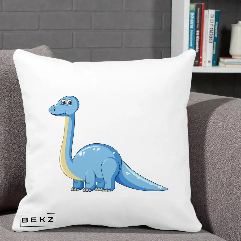 Perna Personalizata Brontosaur Albastru, 40x40 cm, Alba Mata, Husa Detasabila, Perna Inclusa, BEKZ®