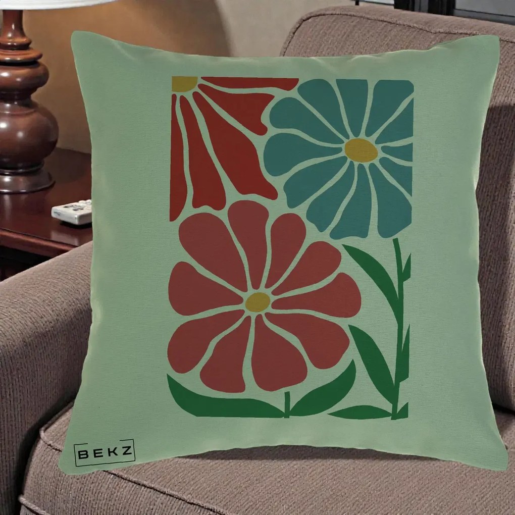 Perna Decorativa Flori Grafice Rosu-Albastru, 40x40 cm, Verde, Husa Detasabila, Perna Inclusa, BEKZ®