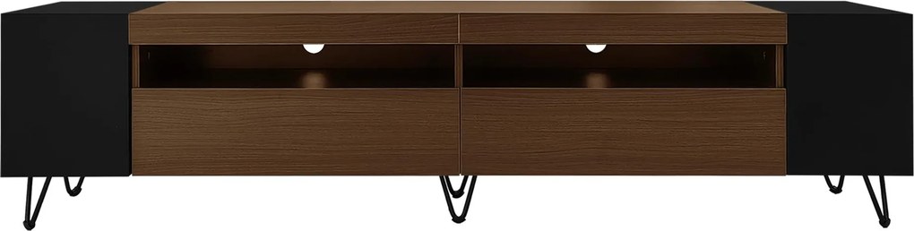 Dulap TV cu aspect de lemn, 2 compartimente deschise, rafturi laterale, 180x36x43 cm, Negru + Culoare naturală