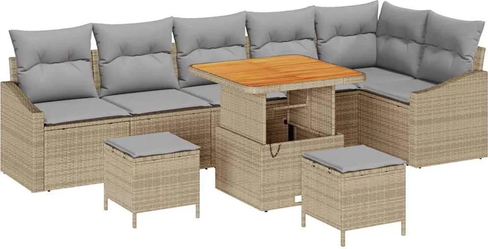 vidaXL Set de canapele pentru grădină cu pernă 9 pcs Bej poliratan