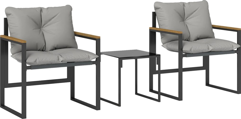 Outsunny Set de grădină 3 piese 2 locuri cu 2 fotolii 1 masă de cafea, blat din sticlă securizată și perne, gri | Aosom Romania