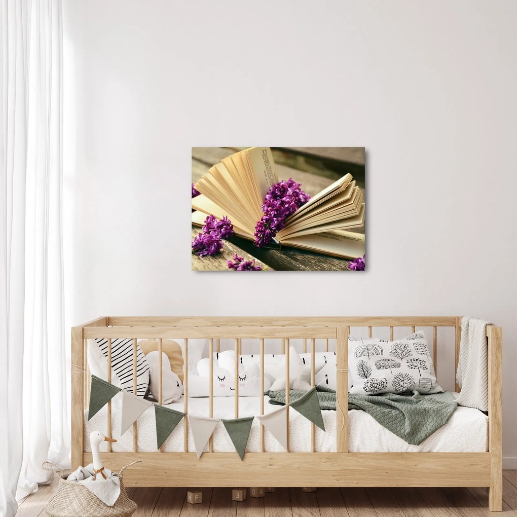 Tablou cu carte și floare violetă (70x50 cm)