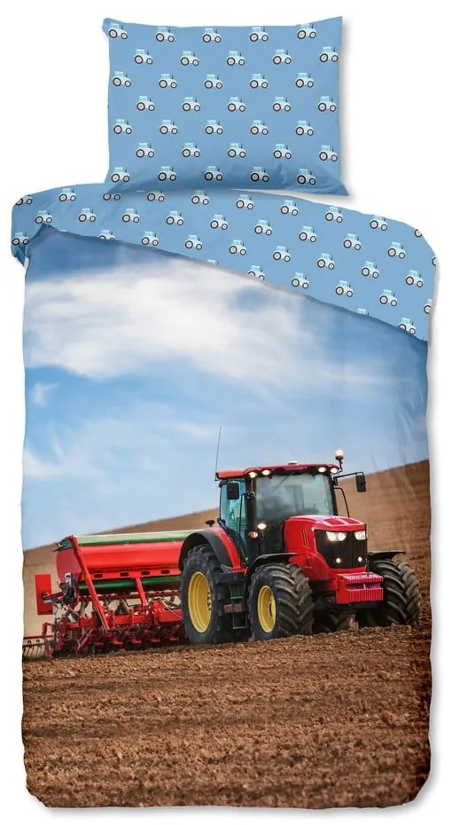 Lenjerie de pat pentru copii albastră din flanelă pentru pat de o persoană 140x200 cm Tractor – Good Morning