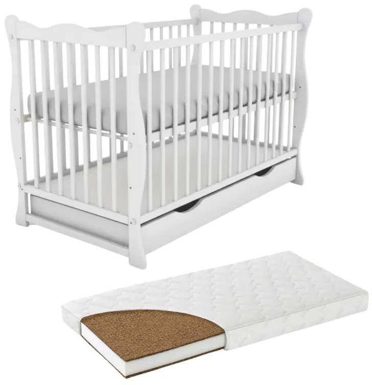 Patut din lemn masiv cu sertar si capac 120x60 cm Kidizi Isla alb si saltea cocos LUX 120x60x12 cm,reglabil pe 3 nivele, certificat EN71