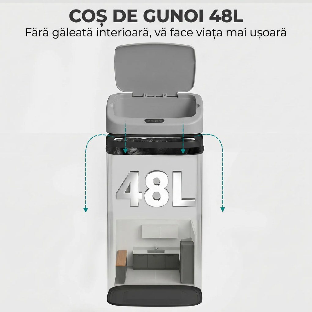 HOMCOM Coș de gunoi cu senzor 48L, închidere lentă, suprafață antiamprentă, din inox, argintiu | Aosom Romania