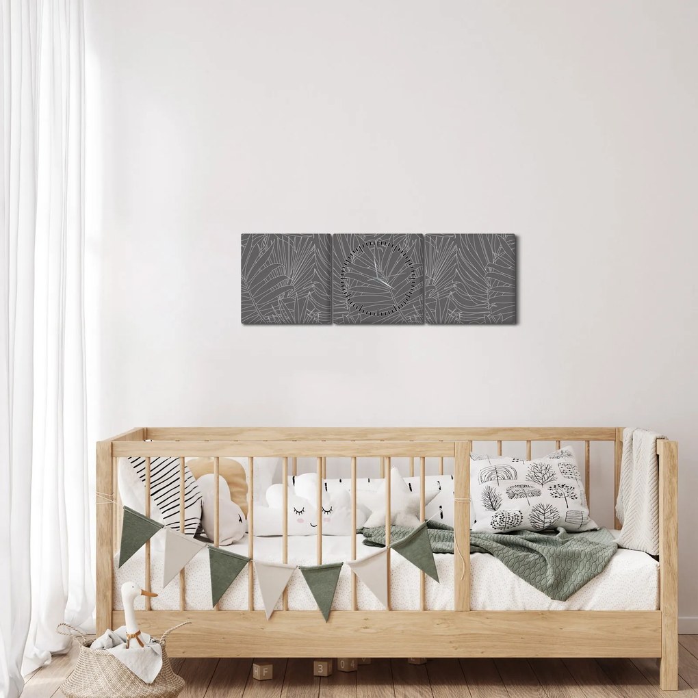 Tablou - Frunze de palmier gri (cu ceas) (90x30 cm)