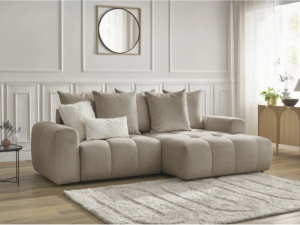 Colțar bej extensibil/cu spațiu de depozitare cu tapițerie din chenille (cu colț pe partea dreaptă/cu șezlong) Roxelane – Bobochic Paris