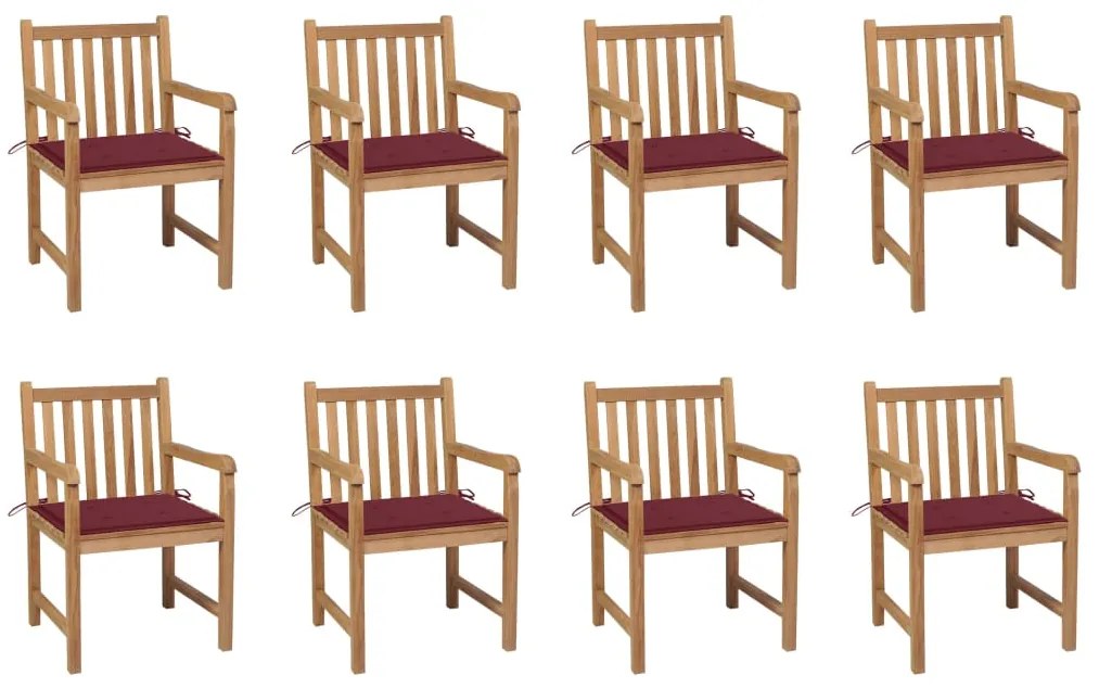 vidaXL Scaune de grădină cu perne roșu vin, 8 buc., lemn masiv de tec