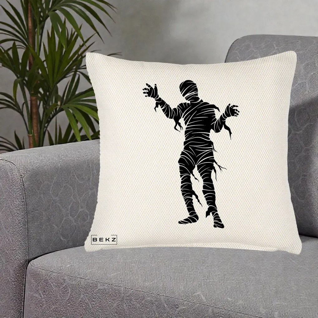 Perna Decorativa Mormii Infricosat Silueta Neagra Halloween, 40x40 cm, Crem Reliefat, Husa Detasabila, Perna Inclusa, BEKZ®