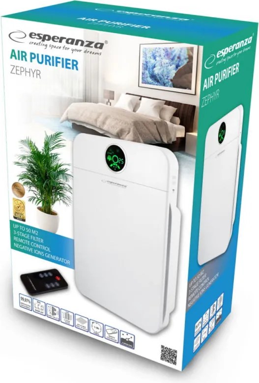 Resigilat: Purificator de aer Esperanza EHP002, Pana la 50 m², CADR 150 m³/h, Filtru HEPA/Carbon activ, Ionizare, Display LCD, Timer, Telecomanda, Alb