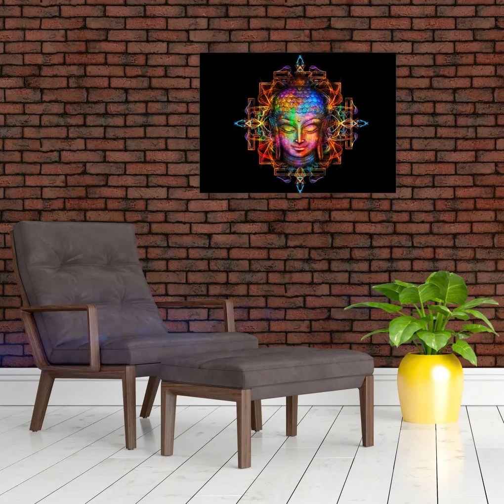 Tablou pe sticlă - Bustul lui Buddha în culori neon (70x50 cm)