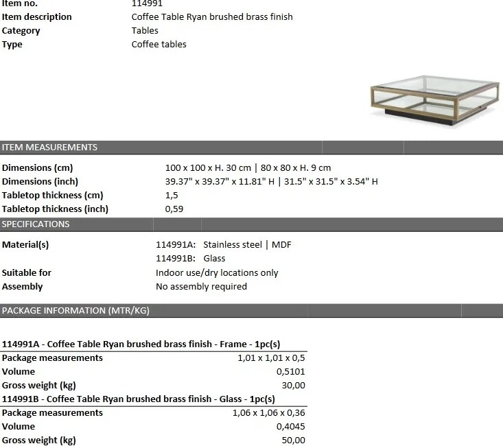 Masuta de cafea design LUX clasic Ryan, alama 114991 HZ