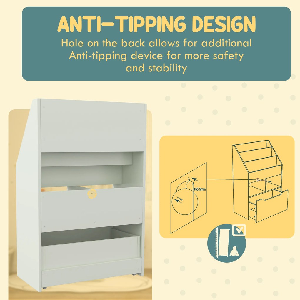 HOMCOM Bibliotecă pentru Copii cu Rafturi și Sertar, Raft Mobil pentru Jucării și Cărți, Dimensiuni 60x29.9x90 cm, Verde Strălucitor | Aosom România