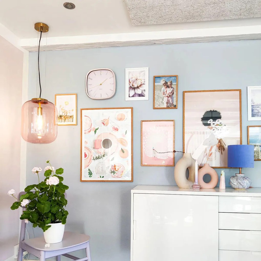 Lampă suspendată Art Deco din alamă cu sticlă roz - Bliss