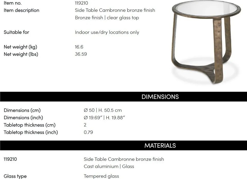 Masuta auxiliara LUX din Aluminiu, Sticla, Cambronne 50cm