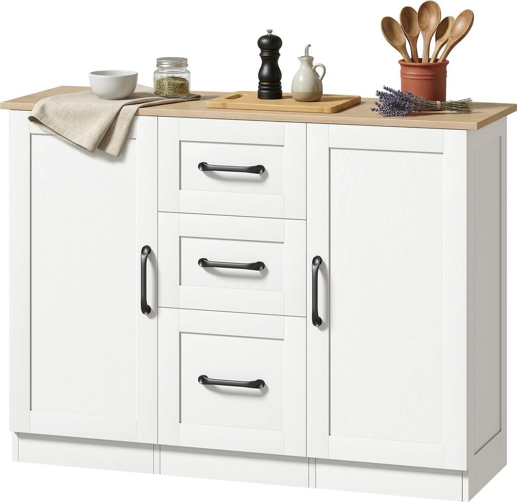 HOMCOM Bufet pentru living, mobilier de depozitare cu 2 uși cu închidere silențioasă și 3 sertare, 110x35x80,4cm, alb și lemn natural | Aosom Romania