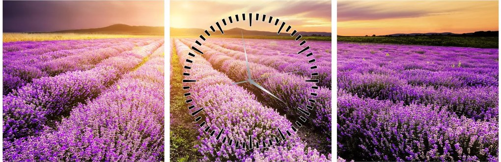 Tablou - Răsărit de soare în câmp de lavandă (cu ceas) (90x30 cm)