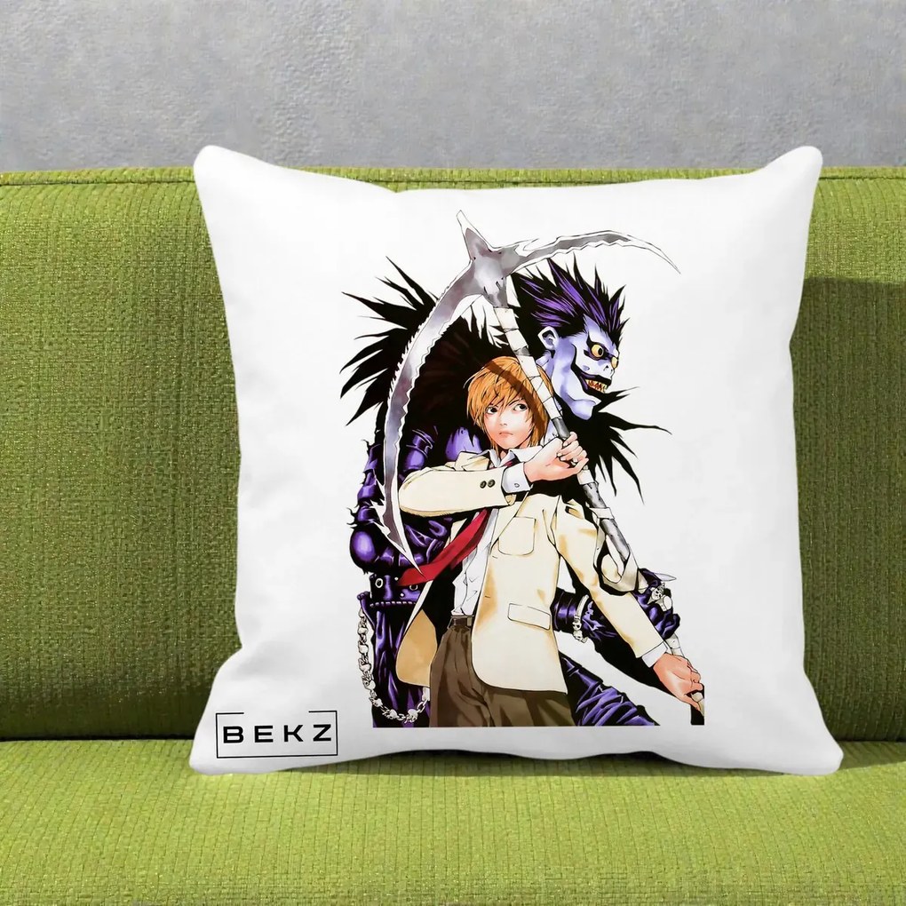 Perna Personalizata Death Note Light si Ryuk Duo, 40x40 cm, Alba Mata, Husa Detasabila, Perna Inclusa, BEKZ®