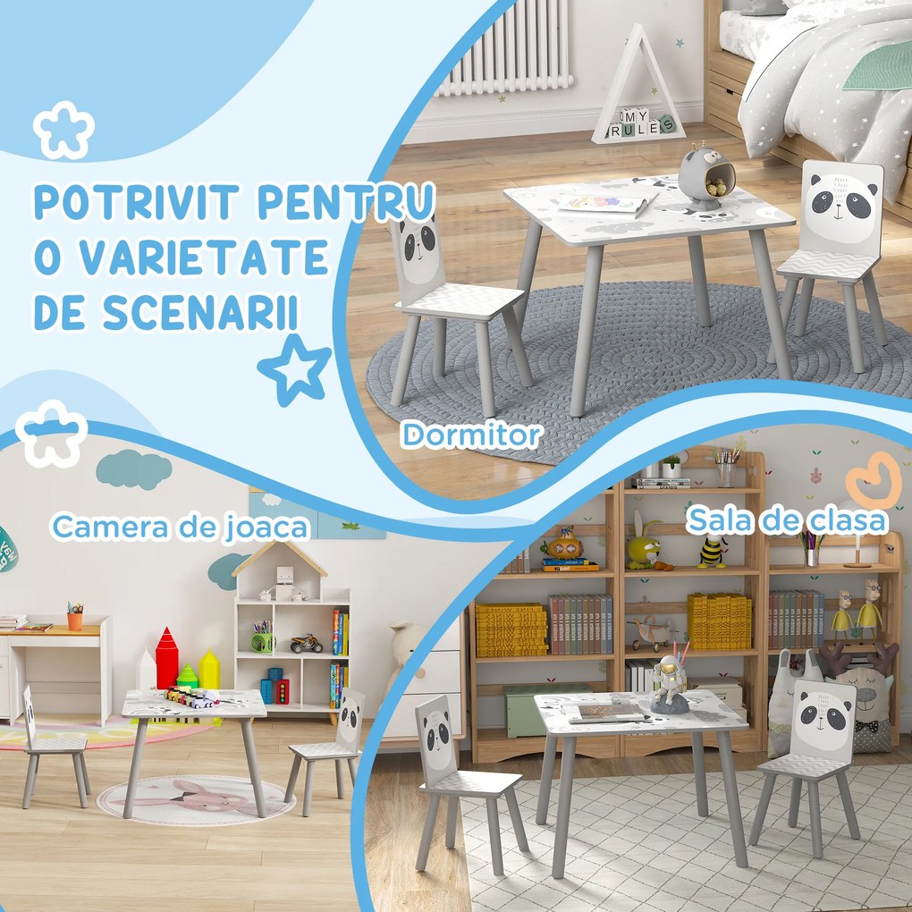 ZONEKIZ Set Masă și 2 Scaune pentru Copii de 3-8 Ani cu Desene de Animale, 60x60x44 cm, Gri | Aosom Romania