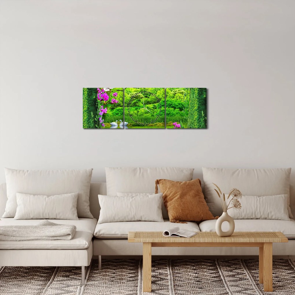 Tablou - Grădina magică cu lebede (cu ceas) (90x30 cm)