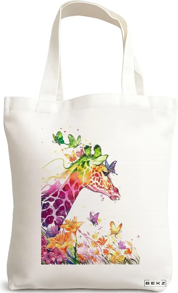 Sacosa de Panza pentru Cumparaturi, Geanta Tote, model Colorful Giraffe, 38x34.5 cm, Alba, BEKZ®