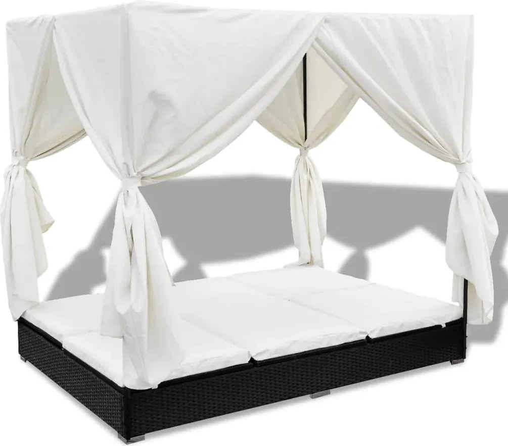 vidaXL Pat șezlong de exterior cu perdele, negru, poliratan