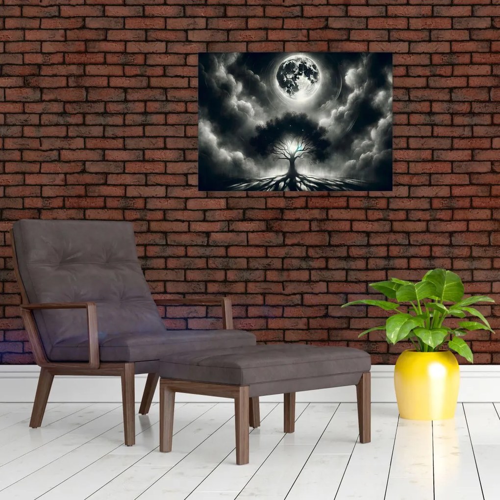 Tablou pe sticlă – Arbore alb-negru în lună plină (70x50 cm)