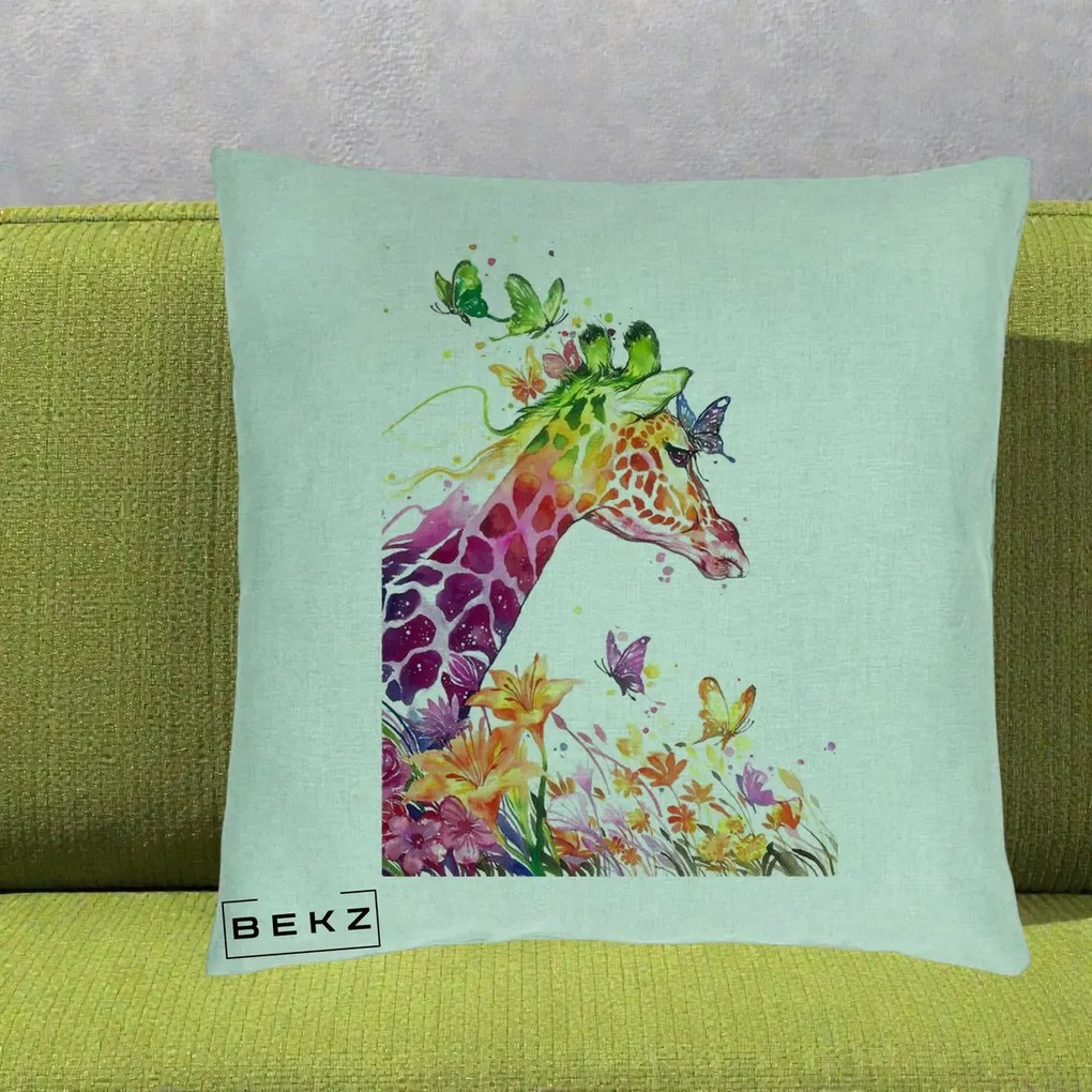 Perna Decorativa Girafa Curcubeu Acuarela, 40x40 cm, Verde Menta, Husa Detasabila, Perna Inclusa, BEKZ®