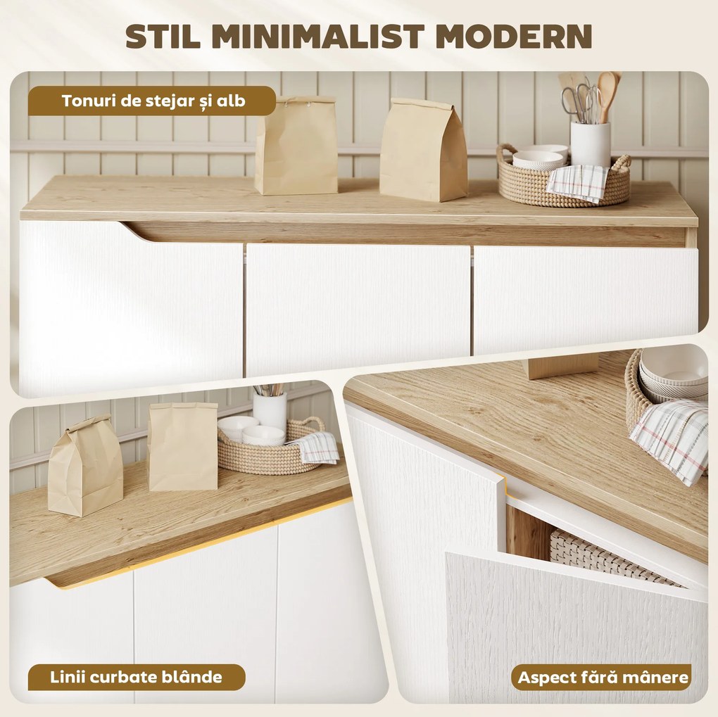 HOMCOM Bufet Bucătărie, Mobilier Bucătărie cu 3 Uși, Rafturi Ajustabile și 5 Picioare din Lemn de Cauciuc, Stil Modern, Bufet pentru Living, Sufragerie, Sală de Masă, Alb și Stejar | Aosom Romania
