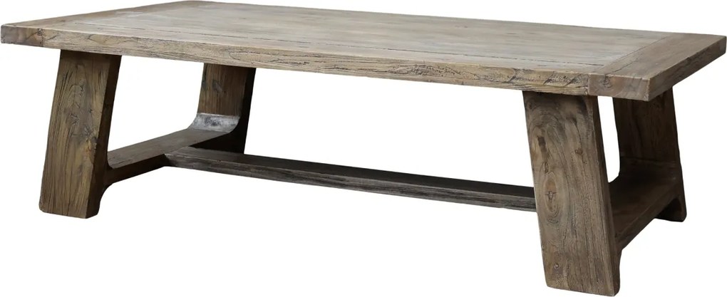 Măsuță de cafea dreptunghiulară din lemn reciclat, natur, cu picioare masive trapezoidale, 40 x 130 x 68 cm, „Lourmarin”