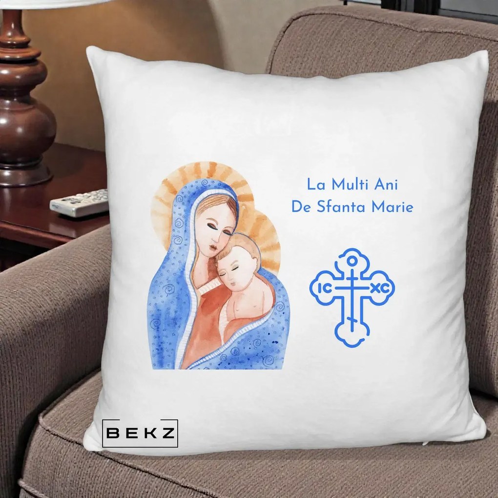 Cadou de Onomastica - Perna Personalizata Sfanta Marie Icoana Acuarela, 40x40 cm, Alb Pufos, Husa Detasabila, Perna Inclusa, BEKZ®