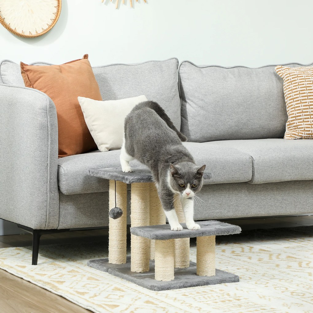 PawHut Scară pentru Câini și Pisici cu 3 Trepte din Pluș și Stâlpi Zgâriători din Sisal, Capacitate 10 kg, Gri | Aosom Romania
