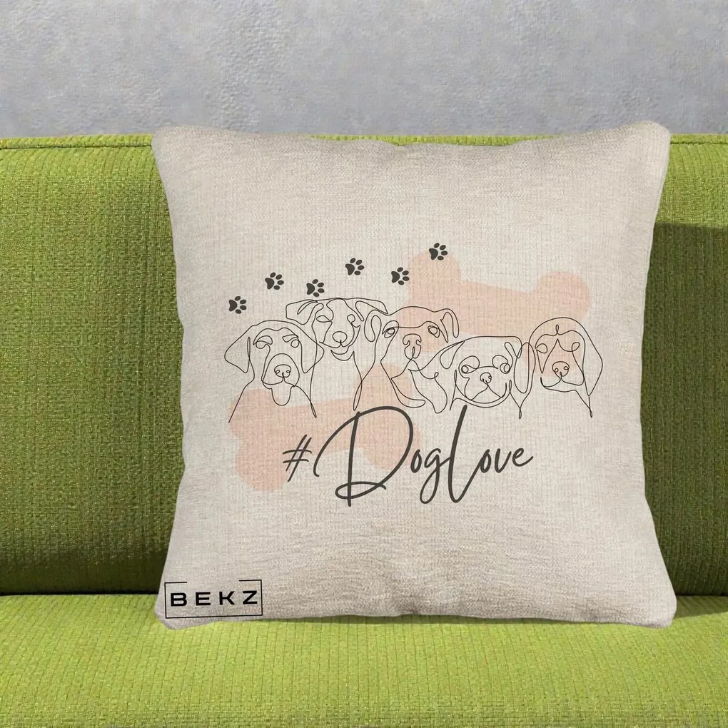 Perna Personalizata Dog Love Linie Minimalista, 40x40 cm, Bej Canapea, Husa Detasabila, Perna Inclusa, BEKZ®