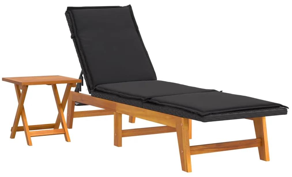 319724 vidaXL Șezlong de plajă cu masă, poliratan și lemn masiv de acacia