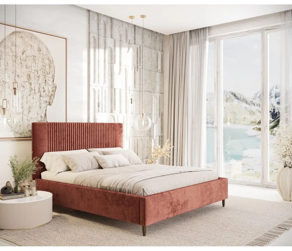 Pat matrimonial cărămiziu tapițat cu spațiu de depozitare cu somieră 160x200 cm Etero – Maison de Rêve