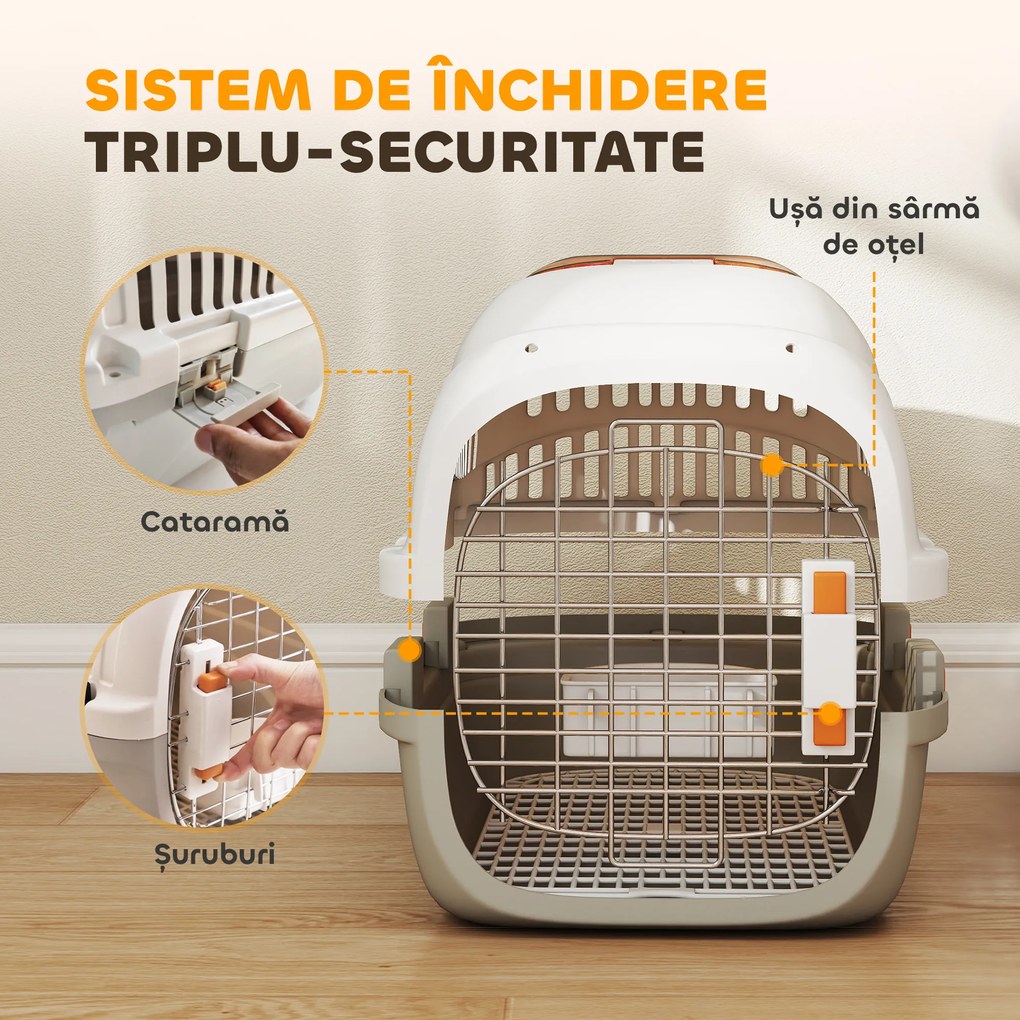 PawHut Transportor pentru Pisici și Câini Mici din Plastic, cu Fereastră Superioară, Ușă din Oțel, Bol pentru Hrană, pentru Animale max 4 kg, 49x32x31 cm, Gri | Aosom Romania
