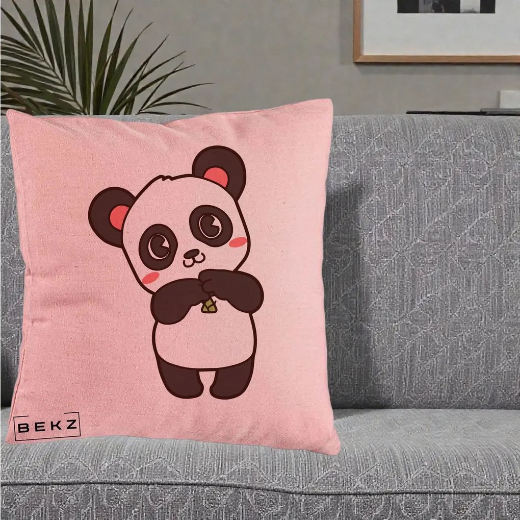 Perna Personalizata Panda Kawaii cu Bambus, 40x40 cm, Roz, Husa Detasabila, Perna Inclusa, BEKZ®