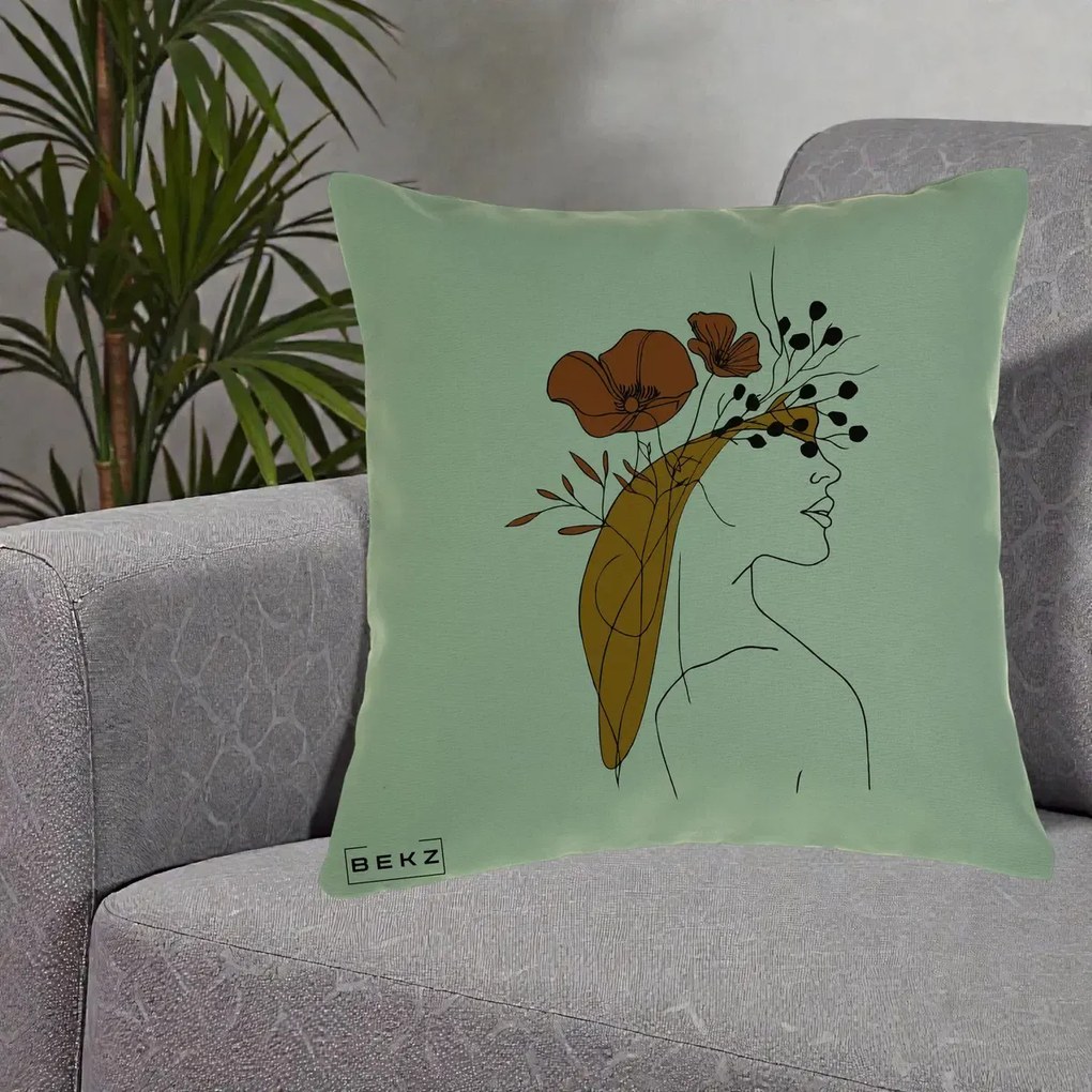 Perna Decorativa Portret Feminin Maci Rosii Auriu, 40x40 cm, Verde, Husa Detasabila, Perna Inclusa, BEKZ®