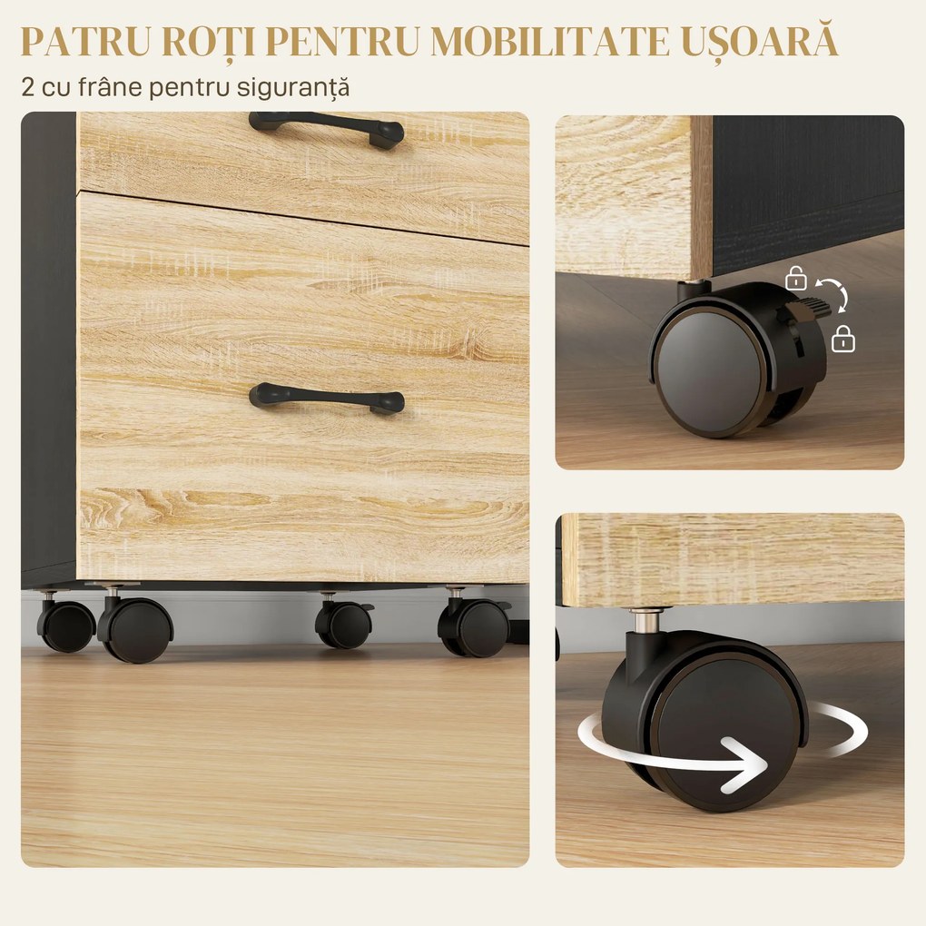 HOMCOM Dulap Vertical pentru Fișiere cu 3 Sertare, Dulap Mobil cu Roți și Bară Suspendată Reglabilă, 40x42x65 cm, Negru | Aosom Romania