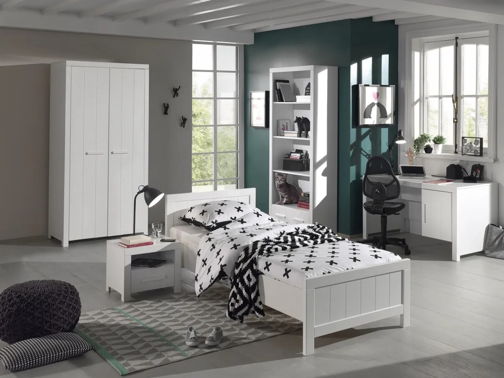 Set Mobilier Cameră Copii ERIK: Pat 90x200 cm, Dulap 2 Uși, Birou, Bibliotecă și Noptieră, Alb – Vipack