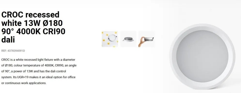 Spot LED incastrabil recessed white 13W 18cm 90 grade 4000K CRI90 dali