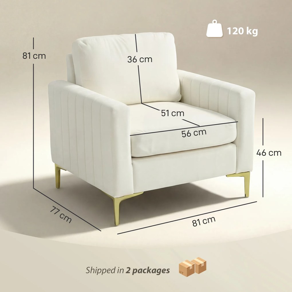 HOMCOM Fotoliu pentru living tapițat cu catifea căptușeală groasă șezut lat cotiere pernă 81x77x81 cm crem | Aosom Romania