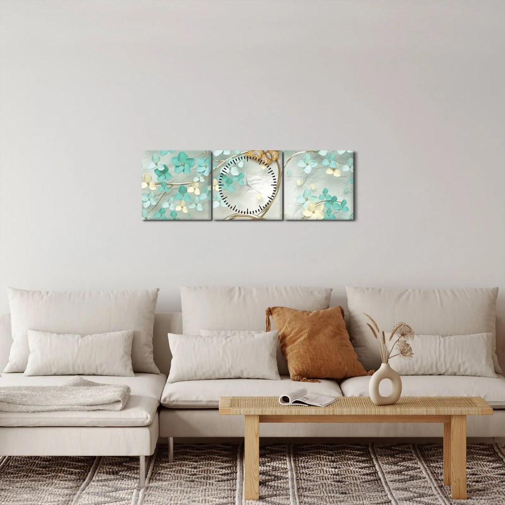 Tablou cu flori și fluturi (cu ceas) (90x30 cm)